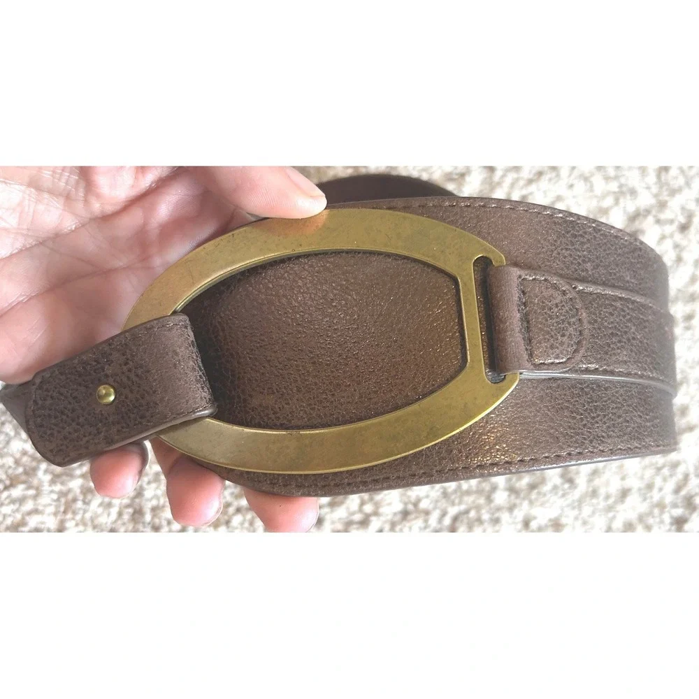 Chicos Lagenlook Coastal Wide Waist Belt Bronze Metallic‎ Leather Buckle SZ L
